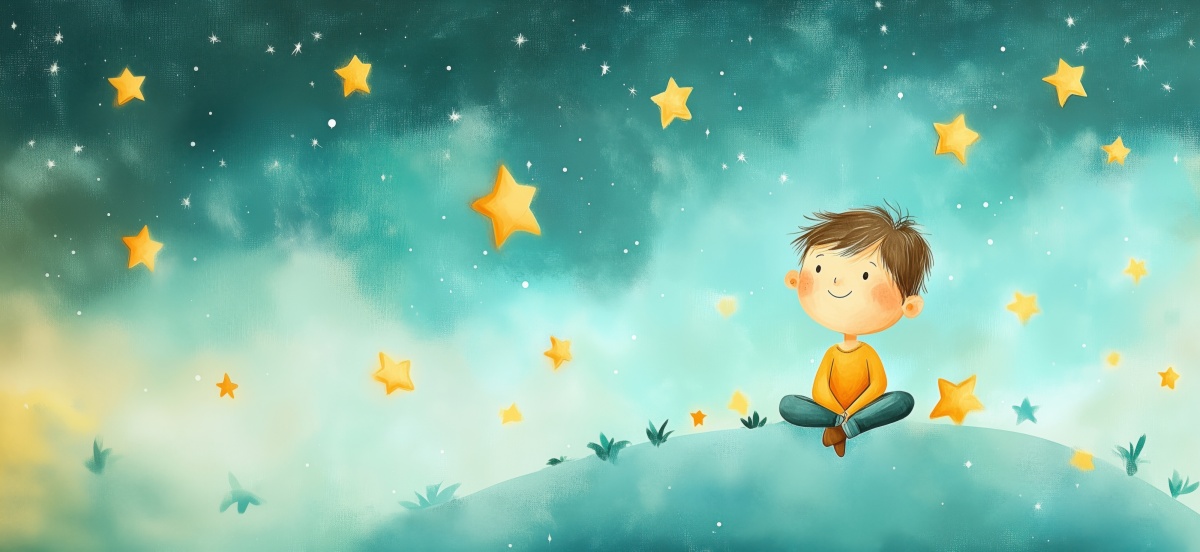 Grafika dla dzieci przedstawiająca chłopca siedzącego na ziemi i patrzącego w nocne niebo